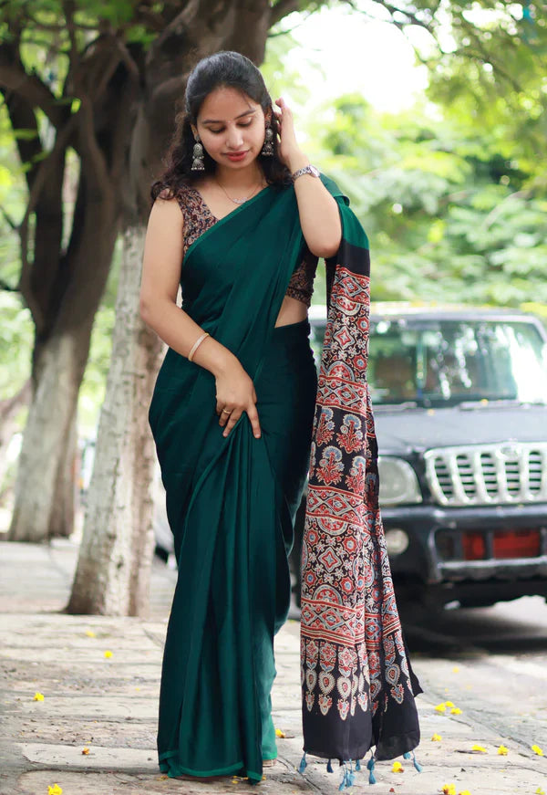 GREEN COLOR AJRAKH SAREE