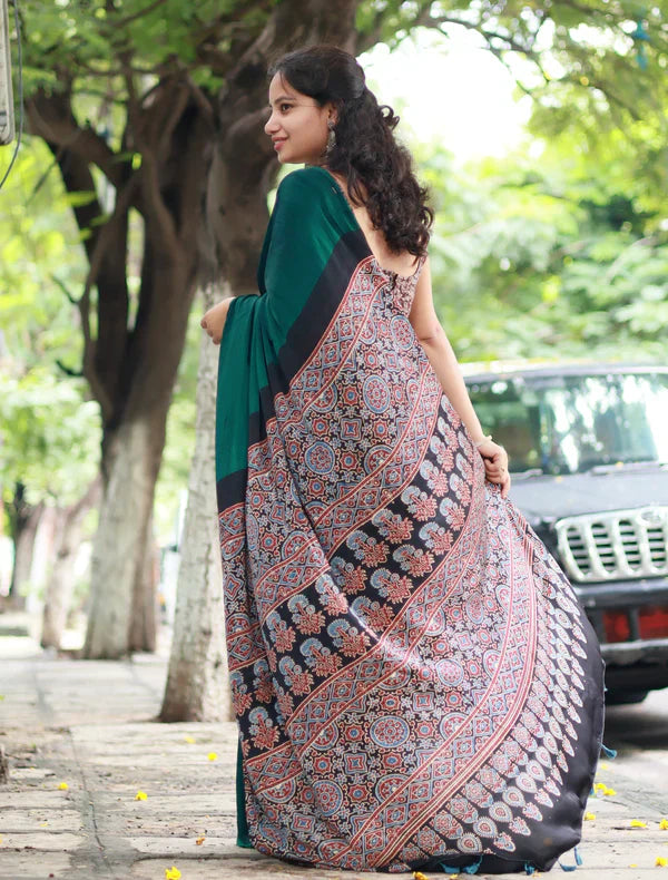 GREEN COLOR AJRAKH SAREE