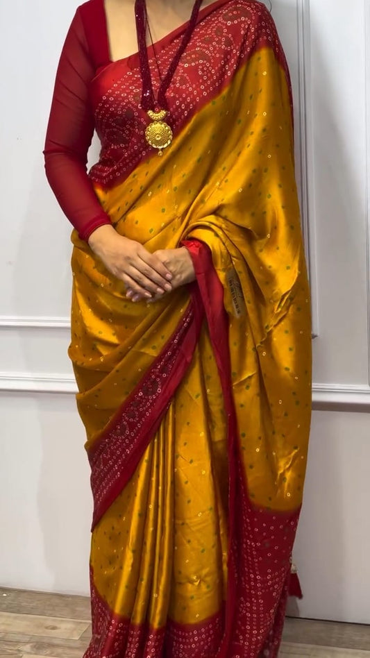 MUSTERD AND RED BANDHANI SAREE