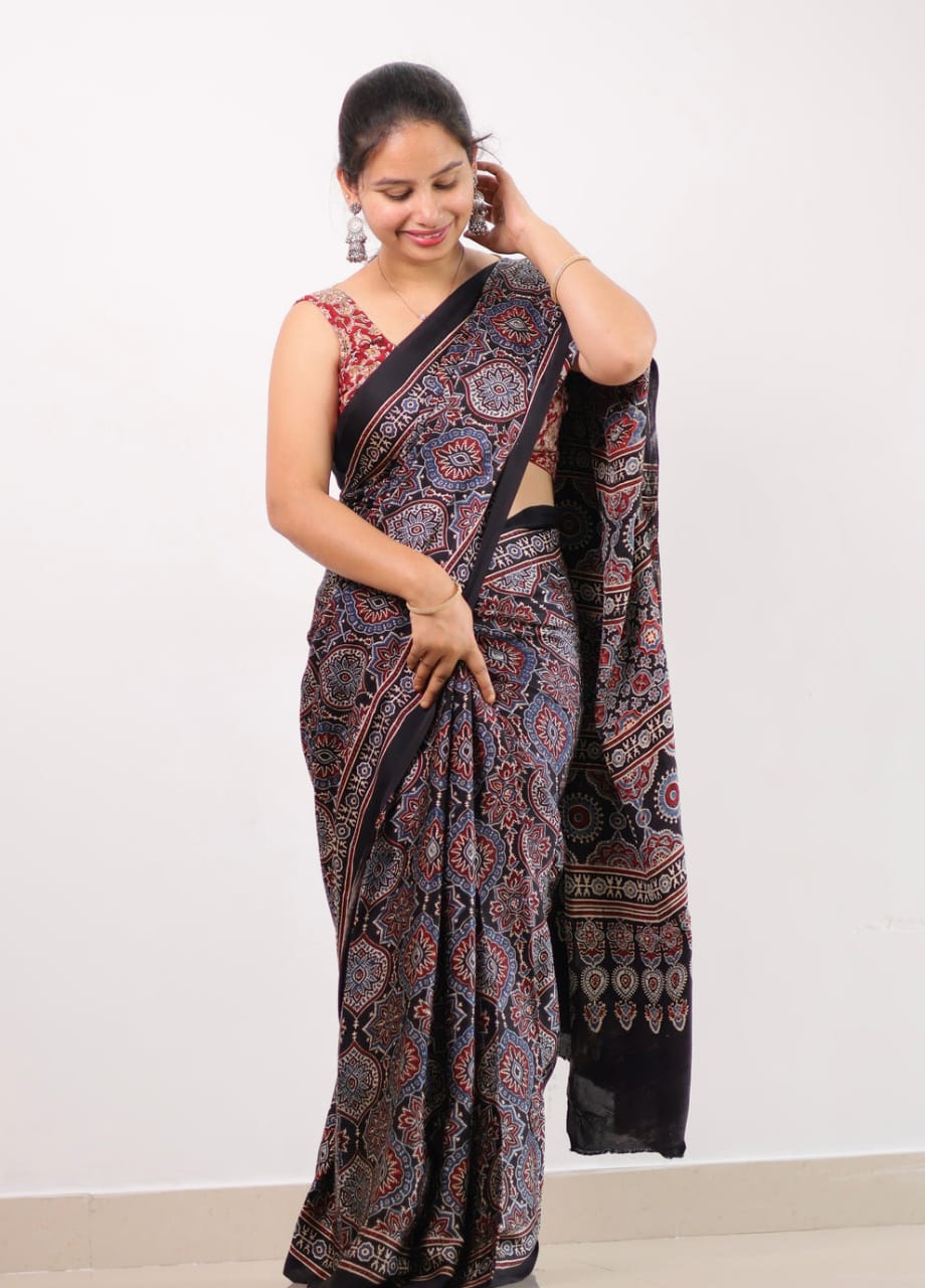 BLACK COLOR AJRAKH SAREE