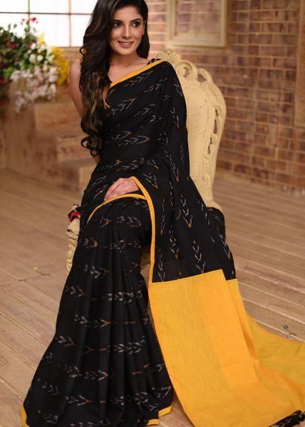 Black and yellow linen saree