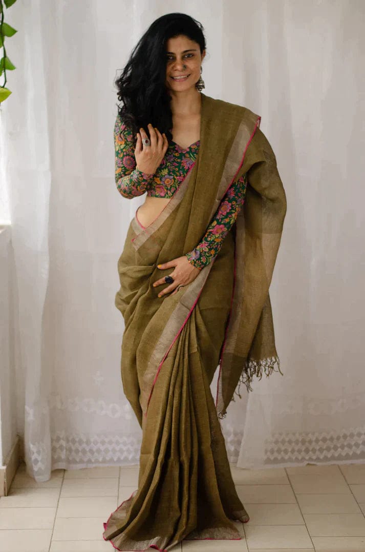 Plain linen saree