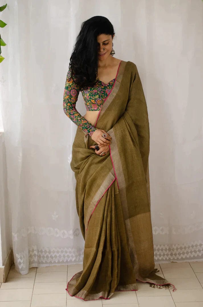 Plain linen saree