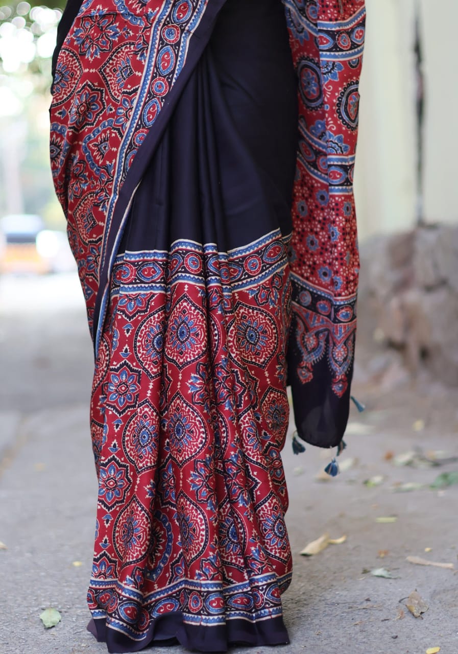 BLACK AND RED AJRAKH SAREE