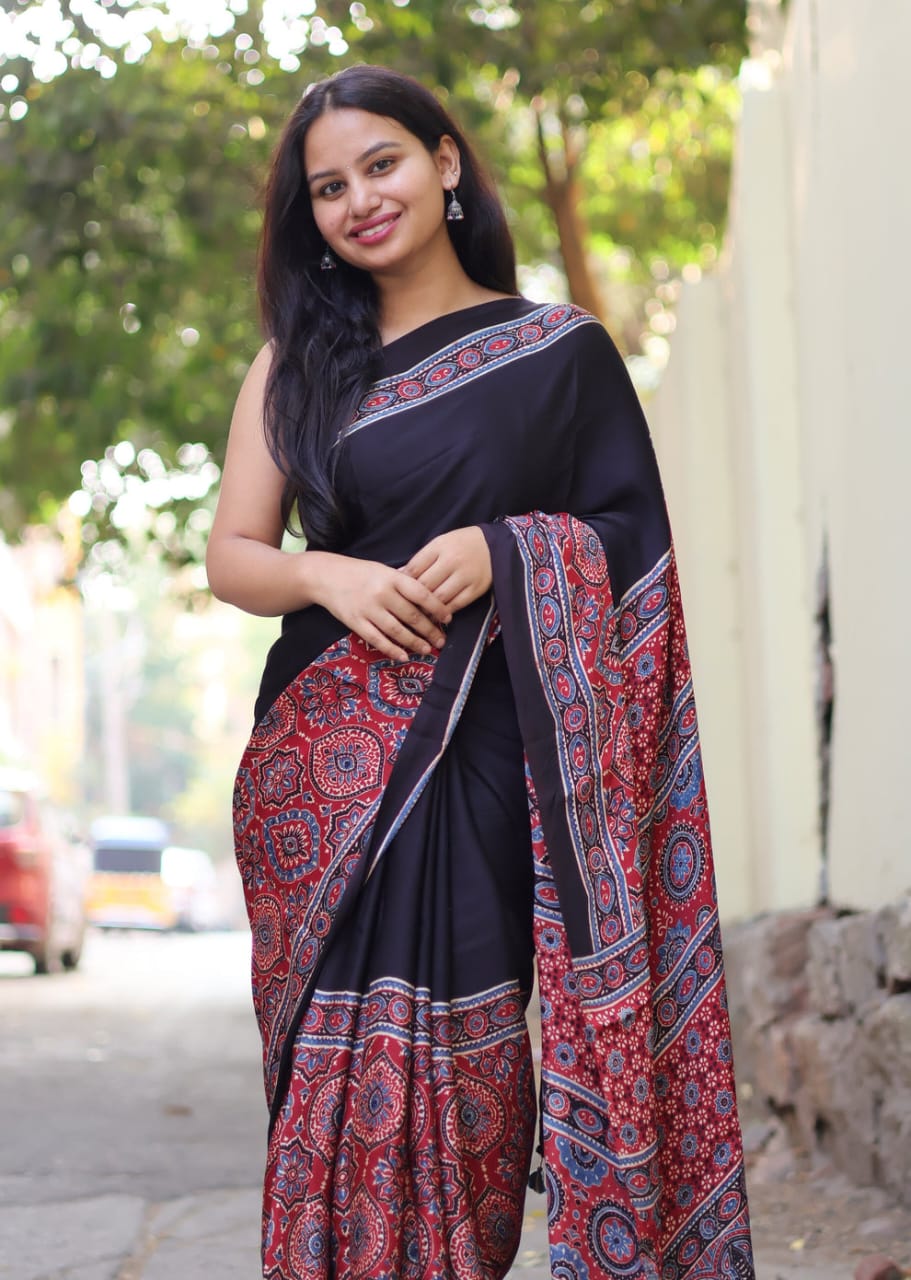 BLACK AND RED AJRAKH SAREE