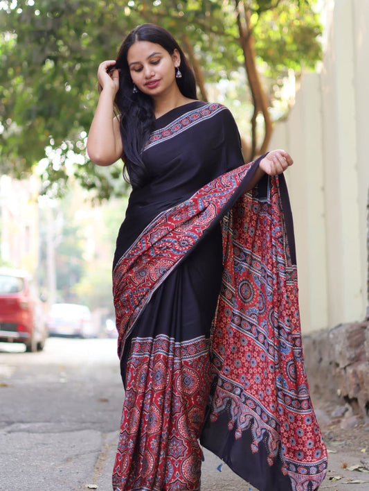 BLACK AND RED AJRAKH SAREE