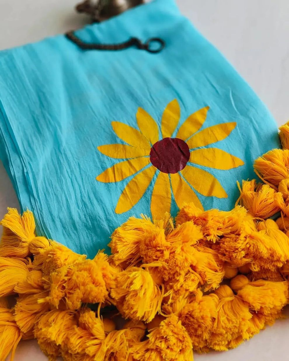 BLUE AND YELLOW COLOR FLORAL SAREE.