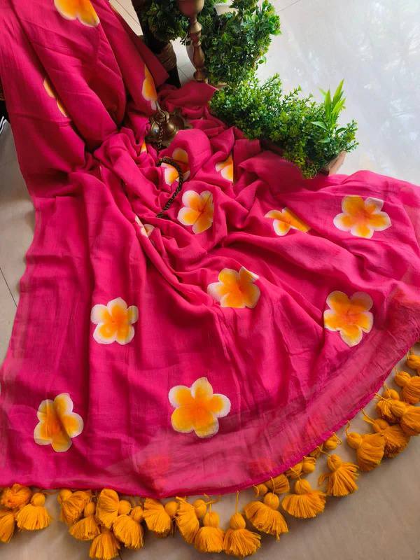 PINK AND YELLOW COLOR FLORAL SAREE.