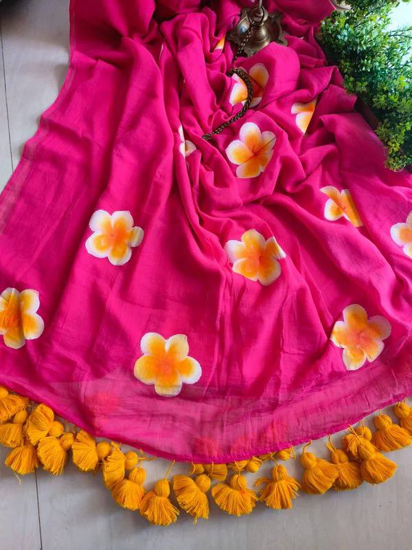 PINK AND YELLOW COLOR FLORAL SAREE.