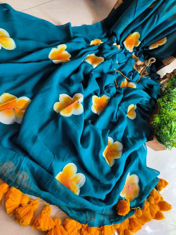 BLUE AND ORANGE COLOR FLORAL SAREE.