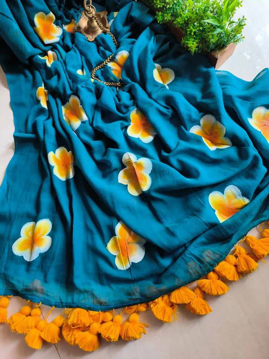 BLUE AND ORANGE COLOR FLORAL SAREE.