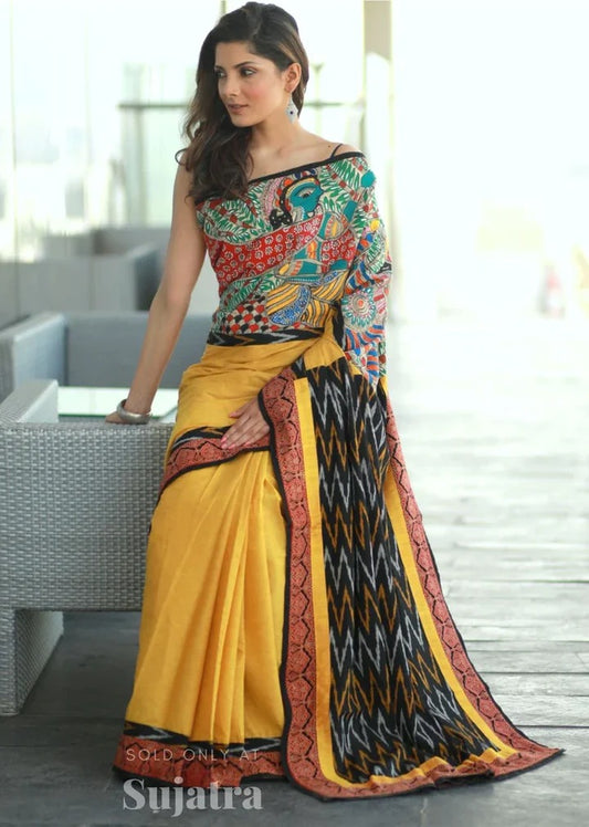 YELLOW COLOR MADHUBANI SAREE.