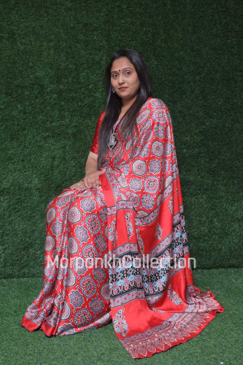 RED COLOR AJRAKH SAREE.