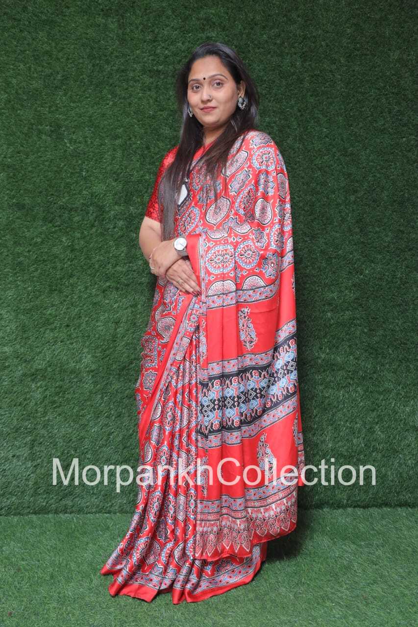 RED COLOR AJRAKH SAREE.