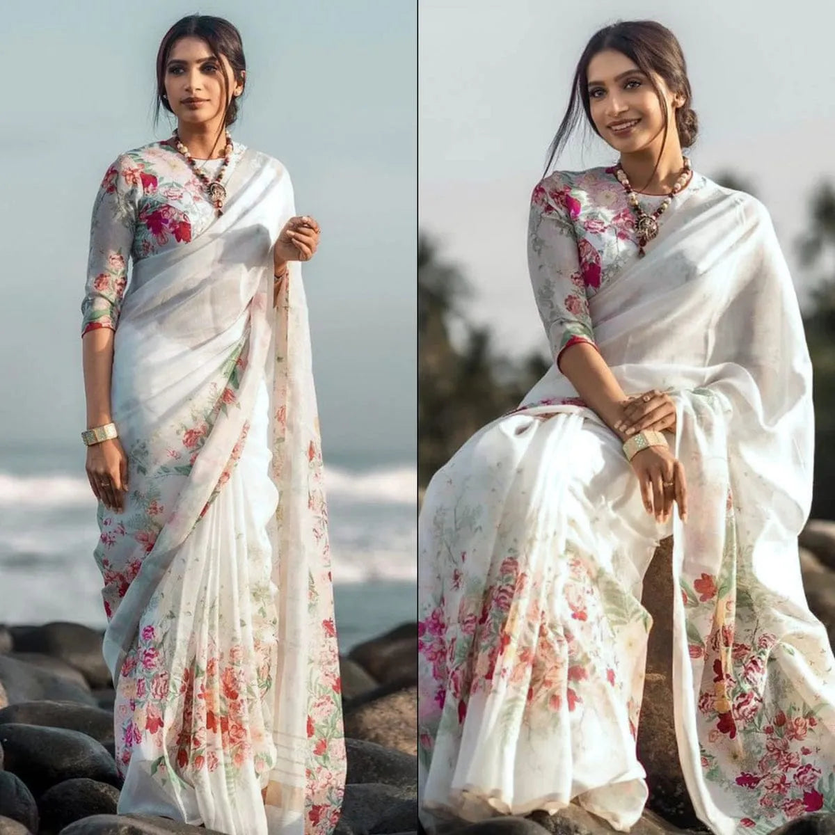 DESIGNER WHITE COLOR FLOWER PRINTED SAREE.